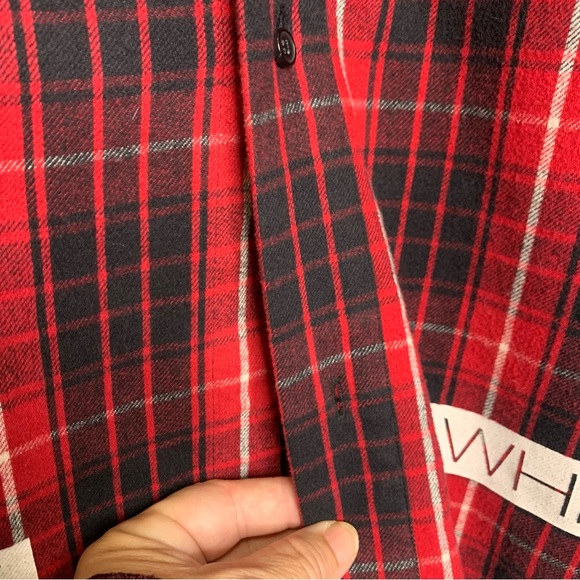 Off-White Red Black Plaid Check Flannel Buttoned Down Extra Long Shirt Size S - Picture 6 of 15